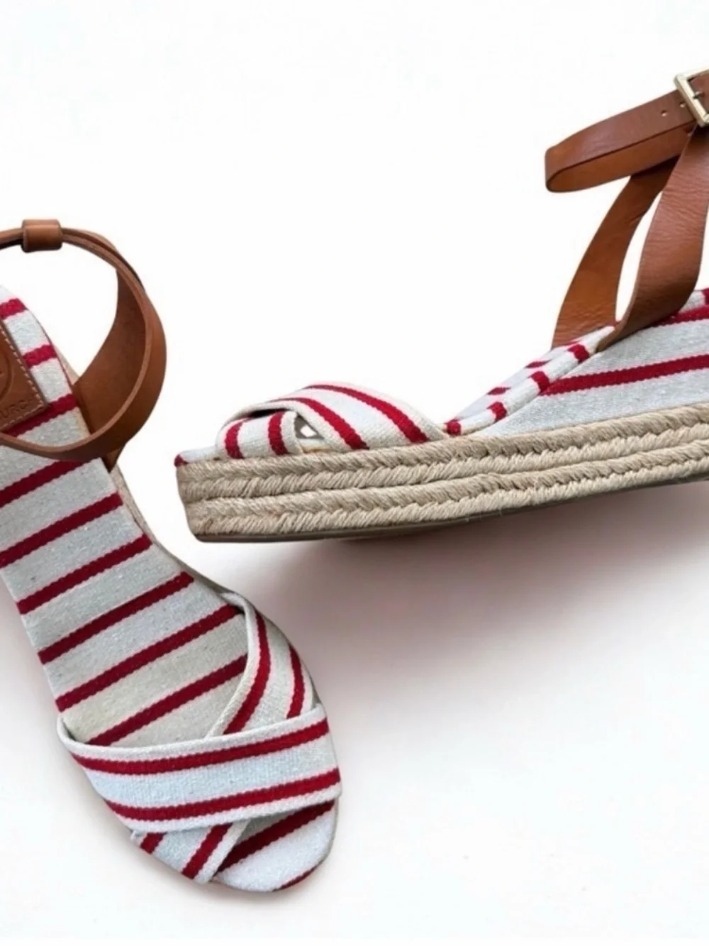 Tory Burch Red and White Striped Espadrille Wedge Sandals with Tan Ankle Strap